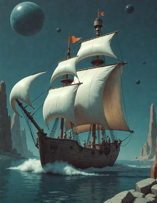 The primary subject of the image is a large sailing ship with a white sail, floating on the water. The ship is surrounded by a serene environment, with a few small rocks visible in the background. The visual style of the image is a digital art or illustration, creating a sense of depth and realism. The colors and mood of the scene are predominantly white and calm, giving the impression of a peaceful and tranquil setting.